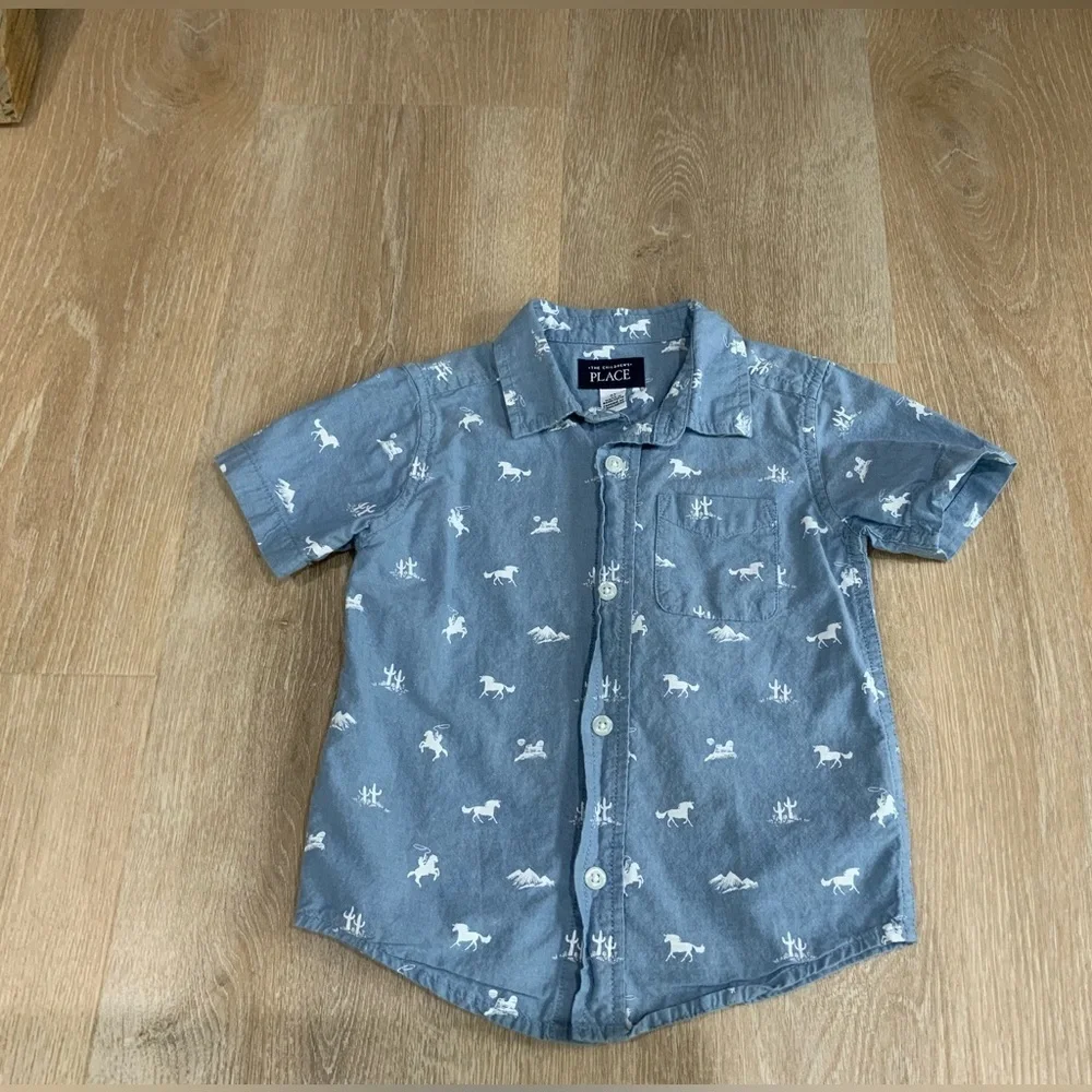 The Children’s Place Boys Dad And Me Horse Poplin Button Up Shirt - Blue Size 3T